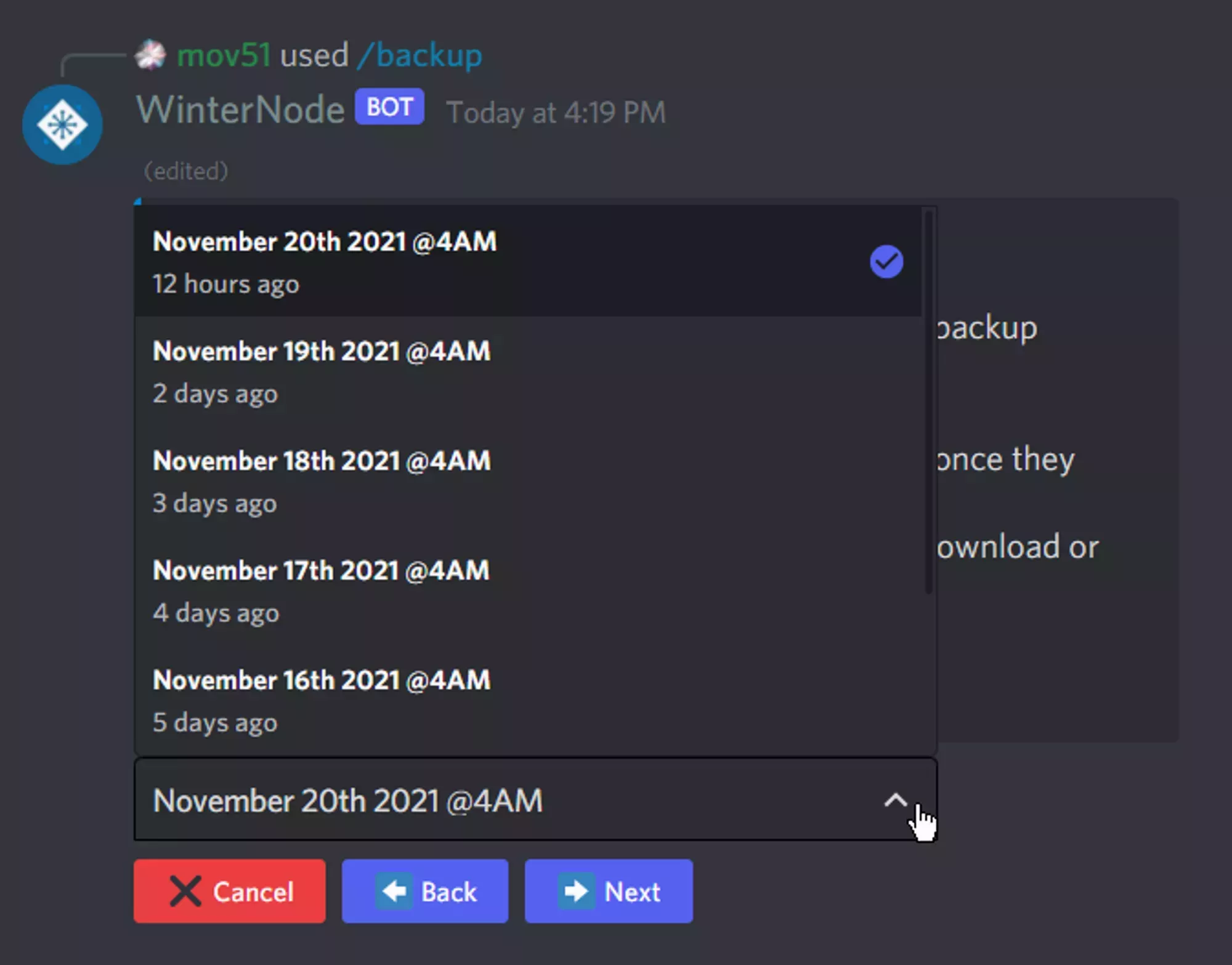The WinterNode Bot's backup request form with the Date Dropdown open to display a list of recent dates