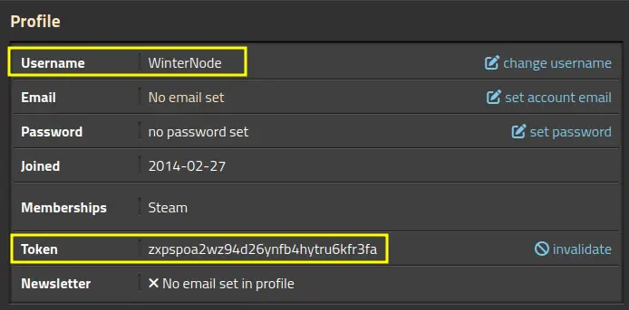 The Factorio account page, showing the "Profile" header with the "Username" and "Token" fields highlighted.