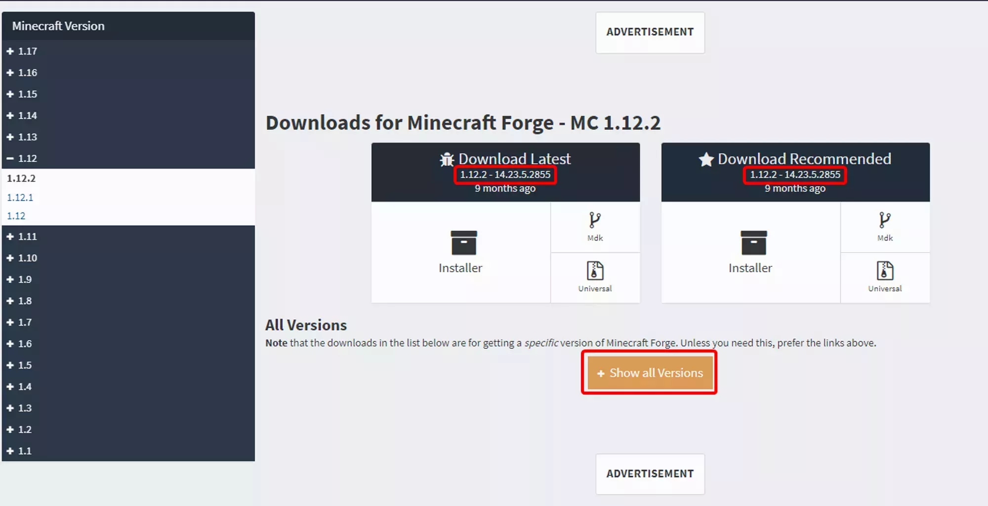 The version numbers for the recommended and latest releases on the Forge Website