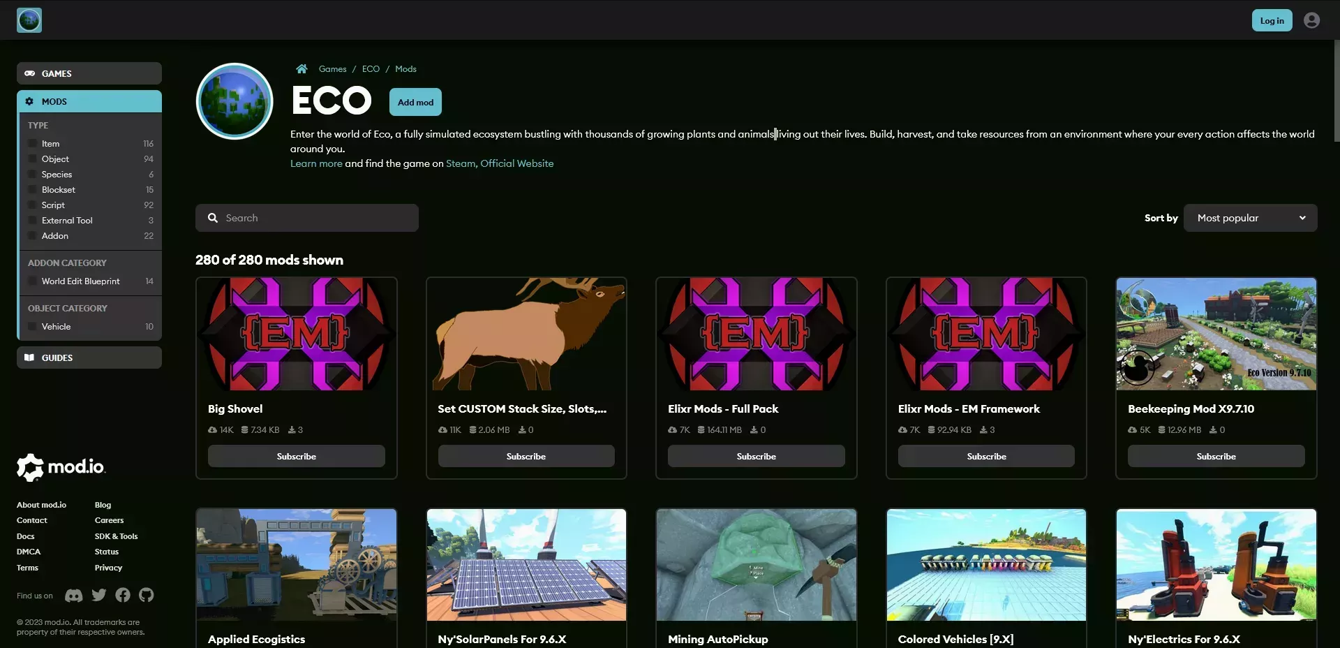 The list of Eco mods on Eco's mod.io page