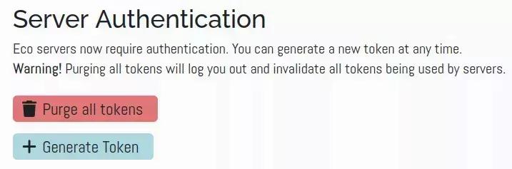 The Eco Website "Server Authentication" pane with "Purge all Tokens" and "Generate Token" buttons.