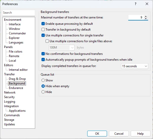 The WinSCP Preferences dialog open to Transfer then Background, with Maximal number of transfers at the same time set to 9