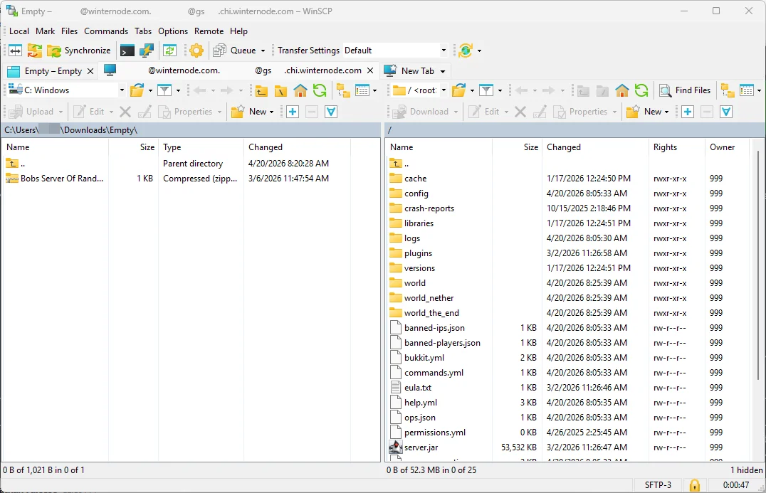The WinSCP Commander interface with local files on the left and the remote Minecraft server directory on the right