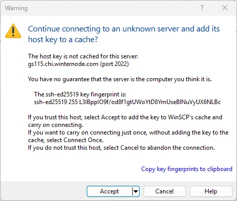 The WinSCP host key verification warning dialog showing the server fingerprint and the Accept, Cancel, and Help buttons