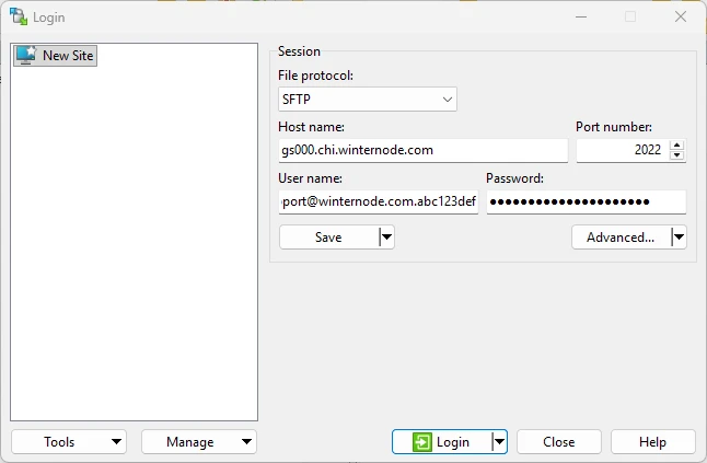 The WinSCP Login window with File protocol set to SFTP and the Host name, Port number, User name, and Password fields filled in