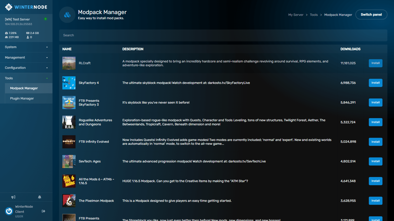 WinterNode Game Control Panel - Modpack Manager