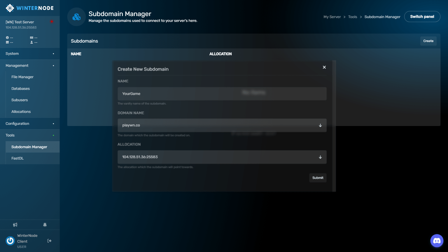 WinterNode Game Control Panel - Subdomain Manager