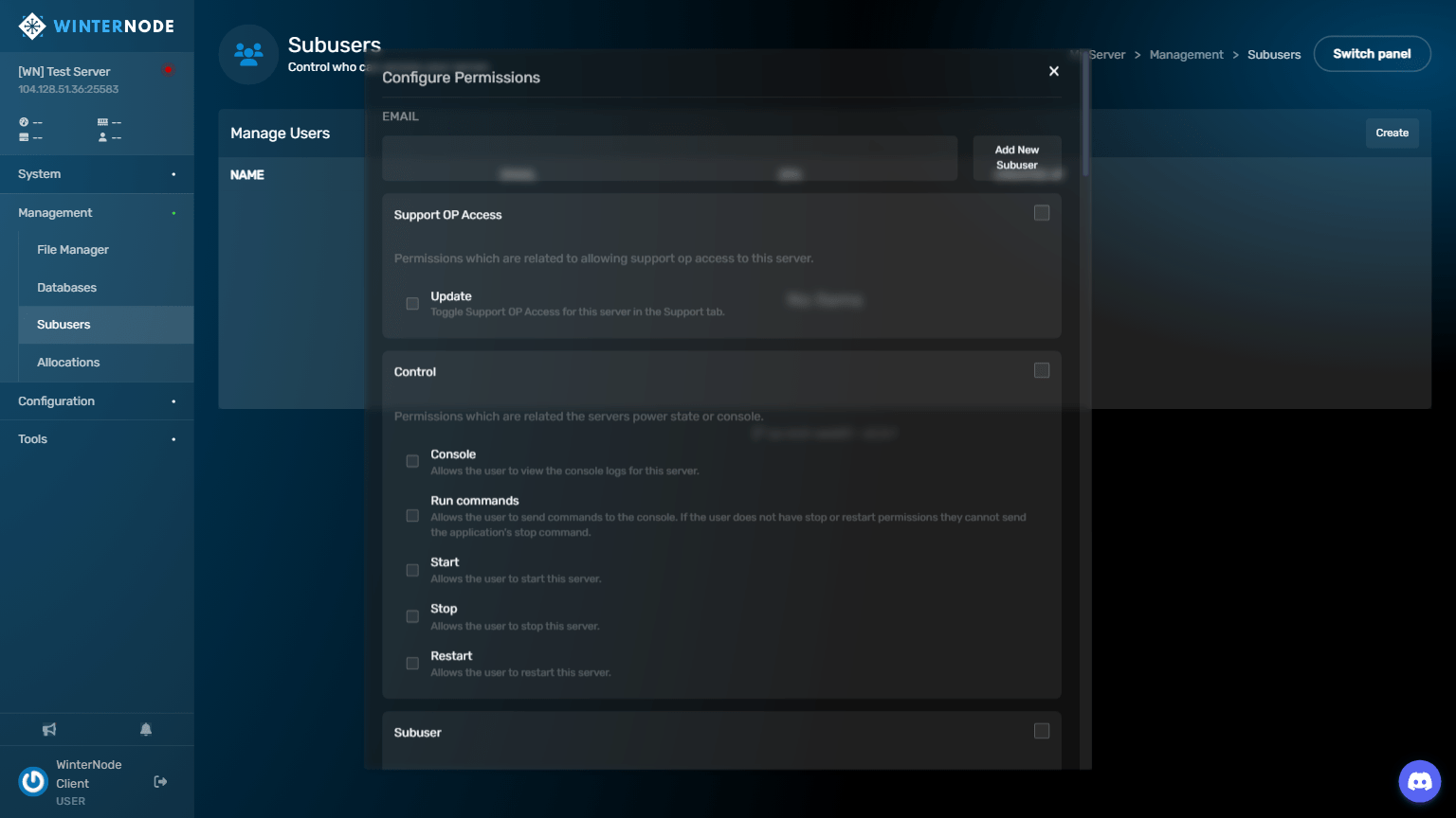 WinterNode Game Control Panel - Subusers Manager
